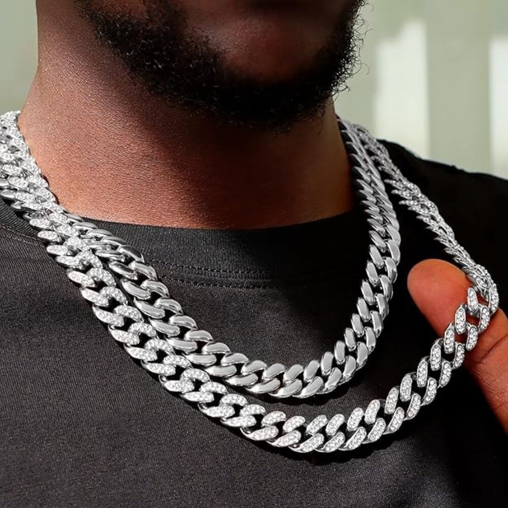 NEW! 2PCS Cuban Link Chain for Men Silver Plated Bling Diamond Chain